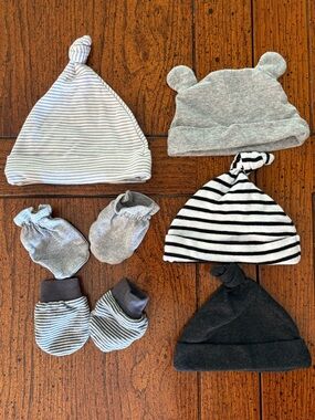 Baby Boy Hat Beanies & Mittens Bundle - Newborn & 0-3 month, Grays & Stripes